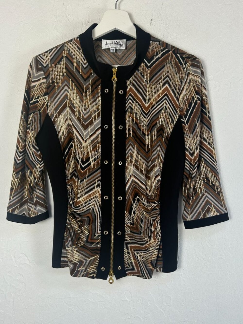 Joseph Ribkoff Womens Gold Sequin Print Jacket XS Zig-Zag 3/4 Sleeve Zip Front